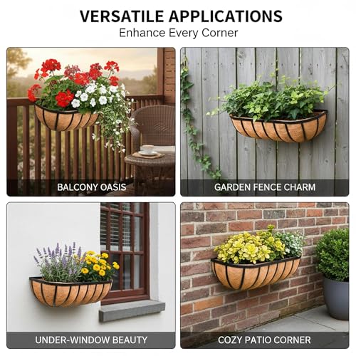 16“ Window Box Railing Planter with Coco Liner Metal Wall-Mounted Coconut Liner Planter Basket English Horse Trough Planters for Outdoor Deck Balcony Porch Fence Patio Black (2 Pack) - size: 16 Inch