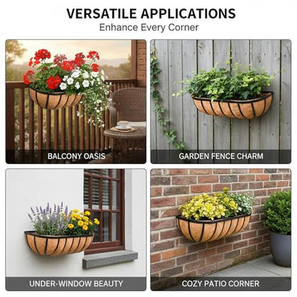 16“ Window Box Railing Planter with Coco Liner Metal Wall-Mounted Coconut Liner Planter Basket English Horse Trough Planters for Outdoor Deck Balcony Porch Fence Patio Black (2 Pack) - size: 16 Inch