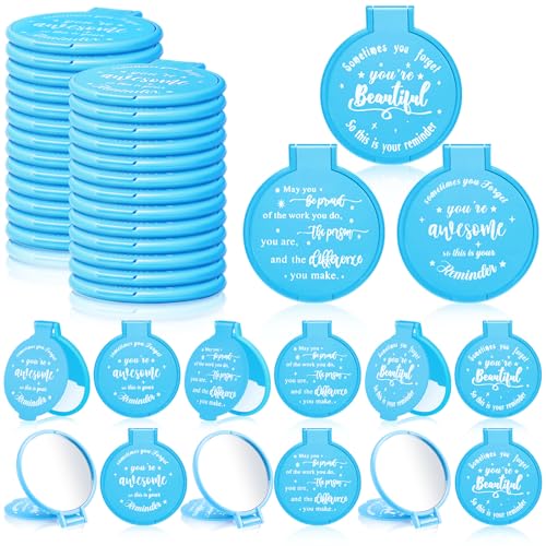 Wenqik 64 Pcs Inspirational Mini Compact Mirrors Bulk, Women Small Gifts Bulk, Group Team Party Favors, Mini Pocket Purse Mirror for Travel, Client, Guest, Wedding, Birthday, Cheerleader (Blue) - color: Blue