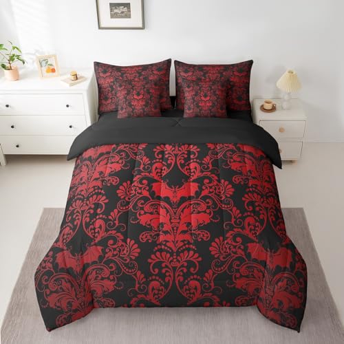 Erosebridal Gothic Damask 7 Piece Comforter Set Full Bed in a Bag,Halloween Bat Bedding Sets Red Black Victorian Floral Goth Sheet Set with Comforter - color: Multi 03, size: Full(7-Pieces)