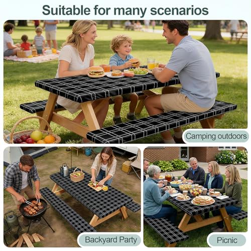 Picnic Table Cover with Bench Covers Camping Essentials Waterproof Windproof Camping Tablecloth with Drawstring Bag, Fitted Rectangle Tables and Seats, 72in, Black Checkered - color: Black Checkered, size: 72in