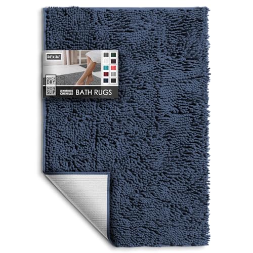 Hearth & Harbor Bathroom Rugs, Chenille Bath Mat - Machine Washable Bath Mats for Bathroom Non-Slip Backing Rubber, Quick Dry Bathroom Mat - Navy Blue 24x36 - color: Navy Blue, style: 24 x 36
