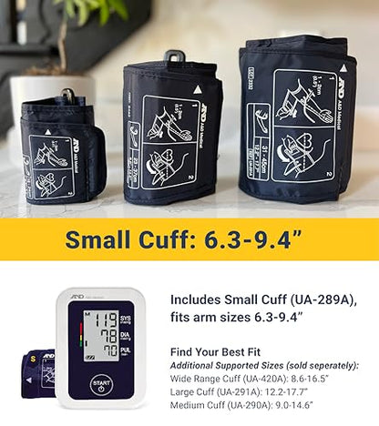 A&D Medical Blood Pressure Monitor for Home Use – UA-651SAC – Petite Upper Arm BP Machine – Small Cuff (6.3–9.4” / 16-24 cm) – Adults, Easy to Use, AC Adapter - style: Monitor w/ Small Cuff + AC Adapter