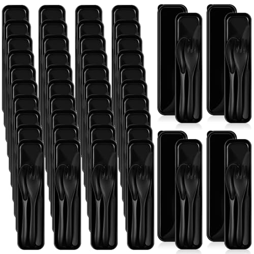 Jinei 50 Sets Reusable Travel Utensils Set with Case Wheat Straw Cutlery Portable Spoon Knife Forks Lunch Box Accessories Friendly Tableware for Kids Adults Camping Utensils (Black) - color: Black