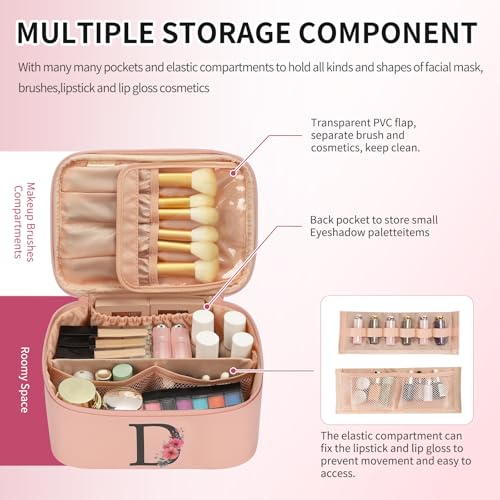 OCHEAL Initial Makeup Bag,Monogram Make up Bag Pink Travel Makeup Organizer Case Beauty Toiletry Cosmetic Bag with Brush Holder, Trendy Stuff Personalized Gifts for Women and Girls-D - color: Pink, style: D