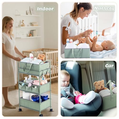 Honeydak 2in1 Baby Diaper Caddy Organizer Cart 3 Tier Large Capacity Metal Utility Bedside Rolling Cart with Divider Newborn Registry Nursery Essential Must Have Crib Bedroom Baby Shower(Green) - color: Green