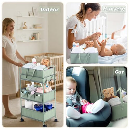 Honeydak 2in1 Baby Diaper Caddy Organizer Cart 3 Tier Large Capacity Metal Utility Bedside Rolling Cart with Divider Newborn Registry Nursery Essential Must Have Crib Bedroom Baby Shower(Green) - color: Green