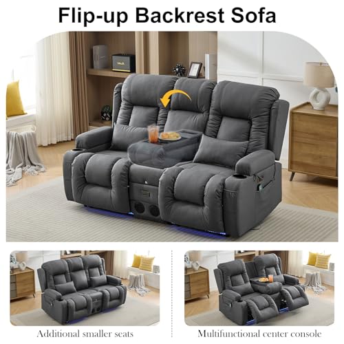 TUNYI Power Loveseat Recliner Sofa with Massage & Heat Home Theater Seating with Console RV Recliner Loveseat Sofa with USB/Storage/Side Pocket/LED Light/Speaker (Dark Grey, Loveseat) - color: Dark Grey, size: 2 Seat