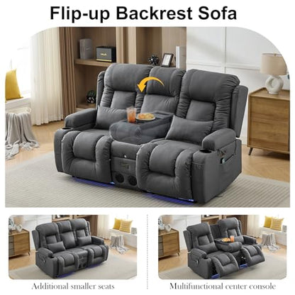 TUNYI Power Loveseat Recliner Sofa with Massage & Heat Home Theater Seating with Console RV Recliner Loveseat Sofa with USB/Storage/Side Pocket/LED Light/Speaker (Dark Grey, Loveseat) - color: Dark Grey, size: 2 Seat