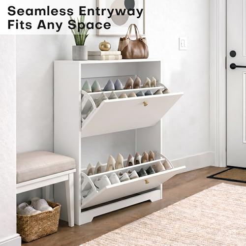 Nicetree Shoe Cabinet with 2 Flip Drawers, Narrow Shoe Organizer Cabinet, Freestanding Shoe Rack Cabinet, Modern Shoe Storage Cabinet for Entryway, Hallway, Foyer, White with Hook - color: White, style: 2-Drawers with Hook