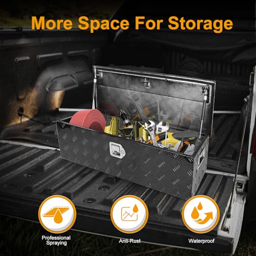 Black 39 Inch Truck Chest Tool box Heavy Duty Aluminum Stripes Plated Pick Up Truck Bed Box Waterproof RV Trailer Toolbox Storage with Side Handle and Lock Keys –39"x13"x10" - color: Black, size: 39"x13"x10"