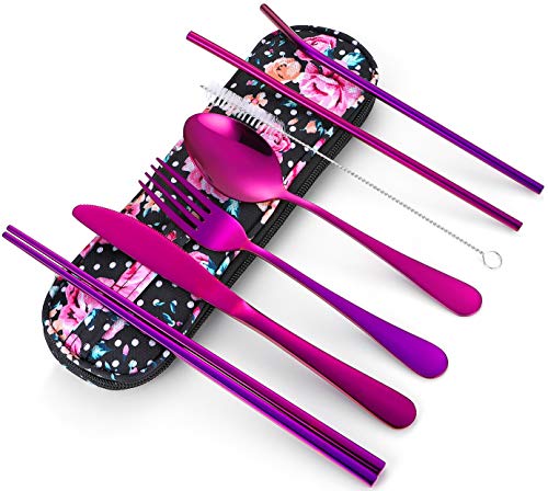 Travel Utensils,Reusable Silverware Set To Go Portable Cutlery Set with a Waterproof Carrying Case for Lunch Boxes Workplace Camping Picnic (Purple) - color: Purple