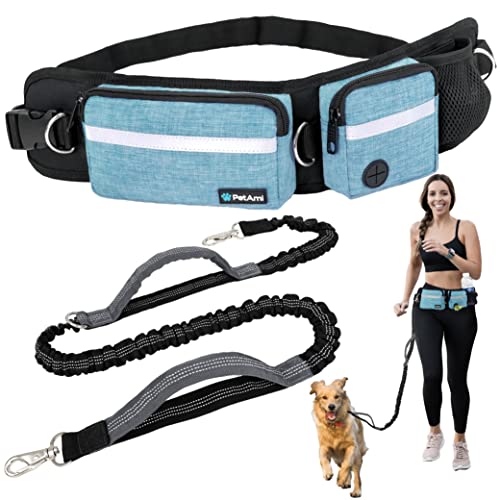 PetAmi Hands Free Dog Leash, Dog Running Leash Belt Bag for Walking, Jogging, Dog Waist Double Zipper Pouch with Poop Bag Dispenser, Dual Padded Handles Reflective Bungee Leash, Single (Turquoise) - color: Turquoise, size: 1 Leash