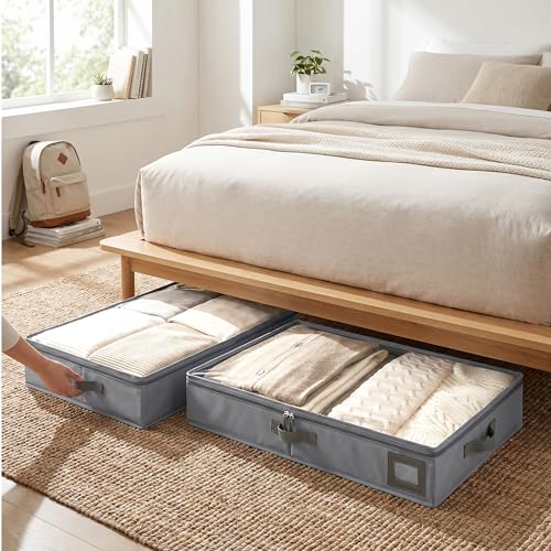 6" Versatile Under Bed Storage Bins (2-Pack, Grey), Sturdy 600D Oxford Fabric Clothes Storage Containers with Leather Handles for Sweaters, Linens & Bedding - size: 6-Inch (2-PACK) - Medium