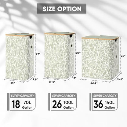 BALEINE Laundry Hamper with Lid, Tall Laundry Baskets with Bamboo Pull Handles, Large Laundry Bin with Internal Support (36 Gal/140L, Antique Foliage) - color: Antique Foliage, size: 140 liters