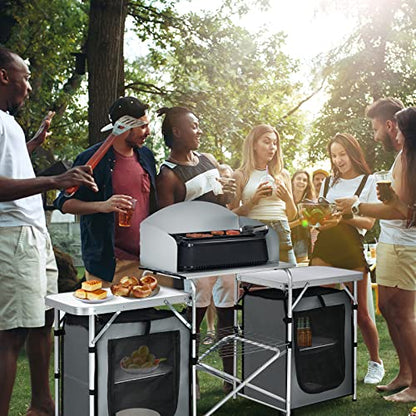 GYMAX Folding Camping Table, Portable Kitchen Table with 2 Zipper Organizer Shelf & Wind Screen, Foldable Cooking Table for Camping Hiking Picnic BBQ (Grey) - color: Grey