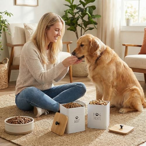 SOUJOY 2 Pack Dog Treat Container, 3Lbs Airtight Pet Food Storage Container with Lid, 7"x5" Iron Small Pet Treat Canister for Cookie, Bone, Biscuit, Dog Food Bin for Kitchen Counter, White
