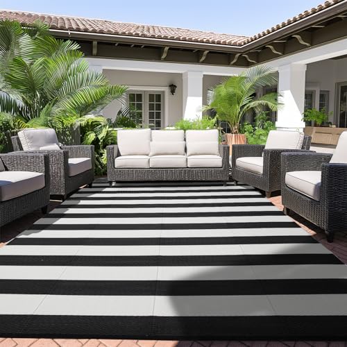 Outdoor Rug 9 x 12 ft, Reversible Plastic Straw Rug for Patio, Waterproof Large Outdoor Carpet for RV, Patio, Camping, Backyard, Deck, Picnic, Beach, Black & White - color: Black/White, size: 9'x12'