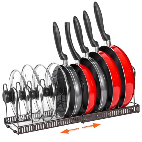 Pot Rack Organizer -Expandable Pot and Pan Organizer for Cabinet,Pot Lid Organizer Holder with 10 Adjustable Compartment for Kitchen Cabinet Cookware Baking Frying Rack,Bronze - color: BRONZE
