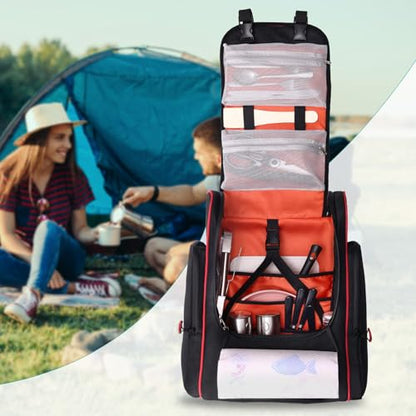 Camping Organizer for Outdoor Kitchen Storage, Large Hanging Cookware Backpack with Paper Towel Holder, Multi Pockets Camp Utensil Containers for BBQ Grill Cooking Essential Tools, Bag Only