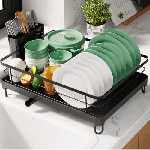 Kitsure Dish Drying Rack for Kitchen Counter, Stainless Steel Sink Organization and Storage Essentials with Cutlery Holder, Home and Appartment Decor, 12.7''W x 16.7''L, Black - color: Black, size: 12.7''W x 16.7''L - 1 Tier