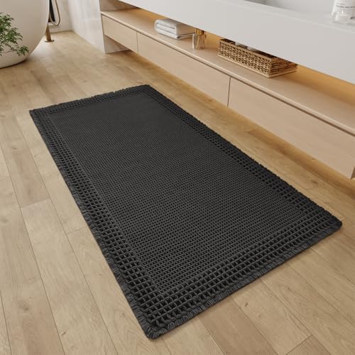 RESARE Waffle Bathroom Runner Rugs, Super Absorbent Bath Mat Non Slip Washable Quick Dry, Upgraded Ultra Soft Boho Bath Rugs with Tassels, Farmhouse Home Decor Accessories, 2'x4'(24"x48") Black - color: Black, size: 2' X 4'