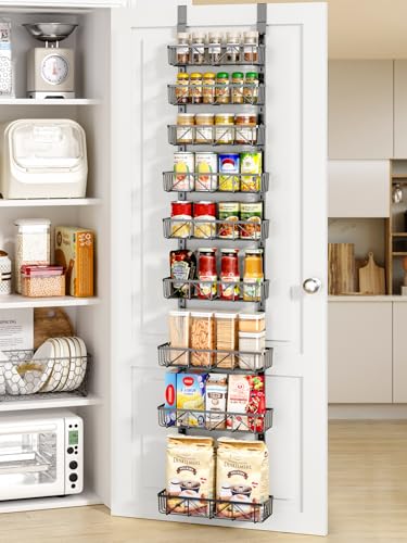 Delamu Adjustable Narrow Over the Door Pantry Organizer, 9-Tier Metal Pantry Organization and Storage for Kitchen, Hanging Spice Rack Seasoning Shelves, Cabinet Door Organizer for Easy Install, 12.5" - color: Black, size: 12.5"W 9-Tier