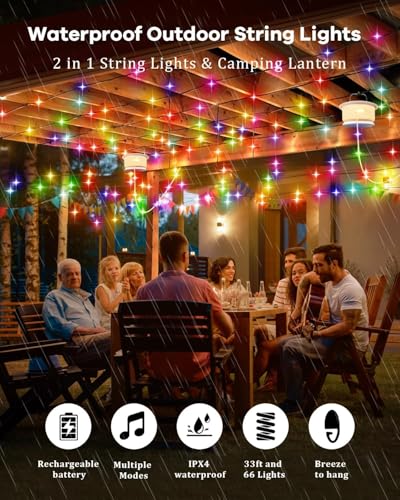 HOMEBEST Upgraded 33FT RGB Camping String Lights, Retractable Camping Lights with Music Sync, 19 Modes, Rechargeable Waterproof Tent Lights, Portable Camping Lantern for Tent, RV, Patio & Awning - color: White