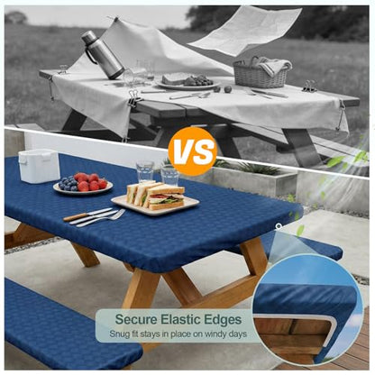 Picnic Table Cover with Bench Covers Camping Essentials Waterproof Windproof Camping Tablecloth with Drawstring Bag, Fitted Rectangle Tables and Seats, 96in, Deep Blue - color: Deep Blue, size: 96in
