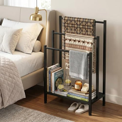 Freestanding Towel Rack, 3 Tier Metal Standing Towel Rack with Wooden Shelf, Blanket Holder and Bath Towel Drying Rack for Bathroom, Black - color: Black