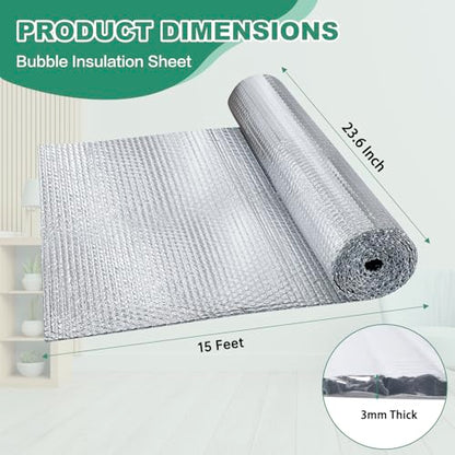 Reflective Bubble Insulation Sheet, Double Side Aluminum Foil Bubble Shield, Aluminum Foil Thermal Insulation Radiant Barrier for Windows, RV, Roof, Garage Door (23.6IN X 15FT) - size: 23.6IN X 15FT