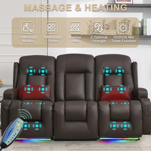 URRED Power Loveseat Recliner Sofa with Massage and Heat, Wall Hugger Reclining Loveseat with Console, RV Couch Home Theater Seating with LED Lights for Living Room (Dark Brown, 76.8" - 3 Seats) - color: Dark Brown, size: 76.8" - 3 Seats