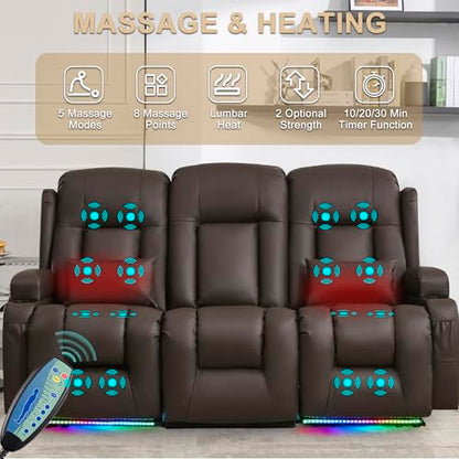 URRED Power Loveseat Recliner Sofa with Massage and Heat, Wall Hugger Reclining Loveseat with Console, RV Couch Home Theater Seating with LED Lights for Living Room (Dark Brown, 76.8" - 3 Seats) - color: Dark Brown, size: 76.8" - 3 Seats