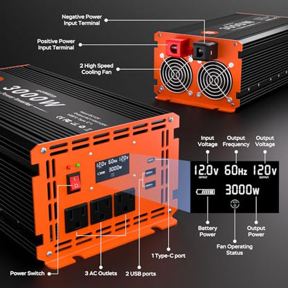 3000 Watt Power Inverter 12V DC to 110V/120V AC Converter Peak Power 6000W Car Inverter with LCD Display 3 AC Outlets, 2 USB & Type-C Port for RV,Truck,Off-Grid Solar System with Remote Controller