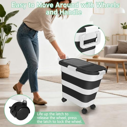 ShineMe Dog Food Storage Container, 30 Lbs Collapsible Food Storage Containers with Rolling Wheel Airtight Locking Lid, Cat Foods Bin with Cup and Scoop, Suitable for Pet Snack, Rice, Flour (Black) - color: 30 Lbs Black