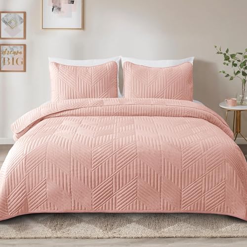 Exclusivo Mezcla Ultrasonic Twin Quilt Bedding Set, Lightweight Blush Pink Bedspreads Soft Modern Geometric Coverlet Set for All Seasons (1 Quilt and 1 Pillow Sham) - color: Blush Pink, size: Twin (68"x88")