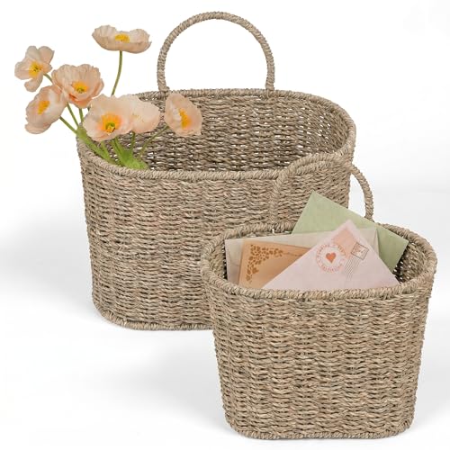 iEGrow Set of 2 Hanging Basket, Wicker Wall Basket Natural Seagrass, Hanging Baskets for Organizing and Decor, Storage Baskets for Door Mounted Entryway Flower Mail Plant Garden - color: Seagrass, size: Square