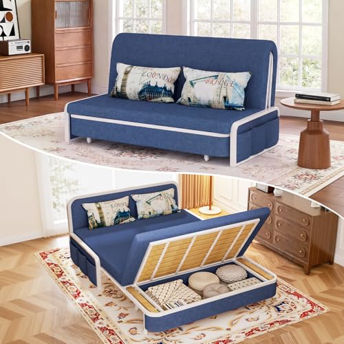 60" Full Size Loveseat Couch Bed, 3-in-1 Convertible Pull Out Sleeper Sofa with Storage, Trundle and 2 Pillows, Modern Sleeper Sofa Bed for Living Room, Bedroom, Dorm, Office & RV (Midnight Navy-909) - color: Midnight Navy