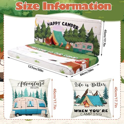 Geyoga 6 Pcs Happy Camper Rv Dinette Cushion Covers Stretch Washable Rv Cushion Covers Camper Accessories for Campers Car Bench, 2 Pillowcase, 2 Backrest and 2 Bench Replacement