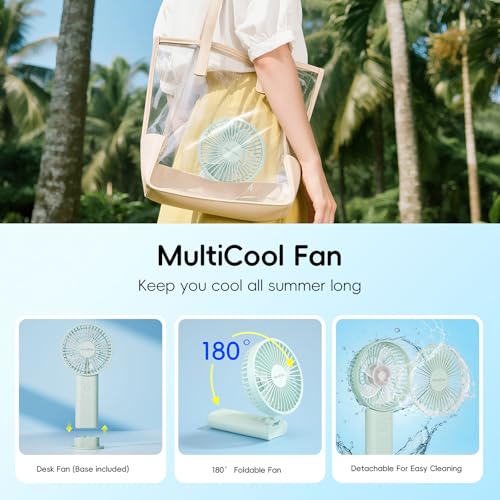 HandFan Upgraded 10,000 mAh Quiet Handheld Fan - 4.5 Inch Large Hand Held Fans Reahargeable, 180° Foldable Portable Fan [30 Working Hours] with Lanyard, Base for Disney/Travel/Concerts/Beach/Office - color: Clear‑Blade Sage Green‑10000mAh