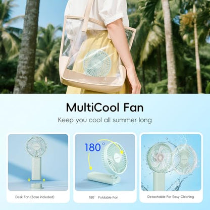HandFan Upgraded 10,000 mAh Quiet Handheld Fan - 4.5 Inch Large Hand Held Fans Reahargeable, 180° Foldable Portable Fan [30 Working Hours] with Lanyard, Base for Disney/Travel/Concerts/Beach/Office - color: Clear‑Blade Sage Green‑10000mAh