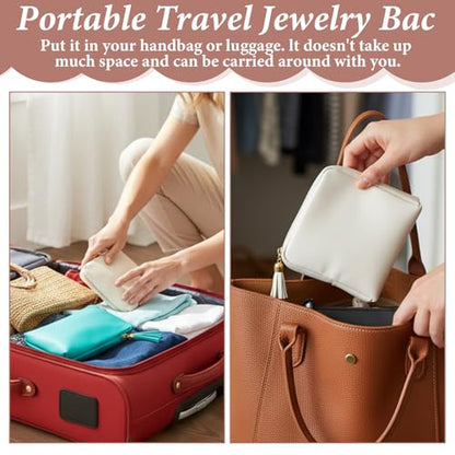 Nogeqi Small Travel Jewelry Case Organizer, Mini Travel Jewelry Pouch Bag for Women, Portable Jewelrys Storage Bag with Zipper for Necklaces Bracelets Earrings Rings Gemstones Storage (Cream White)