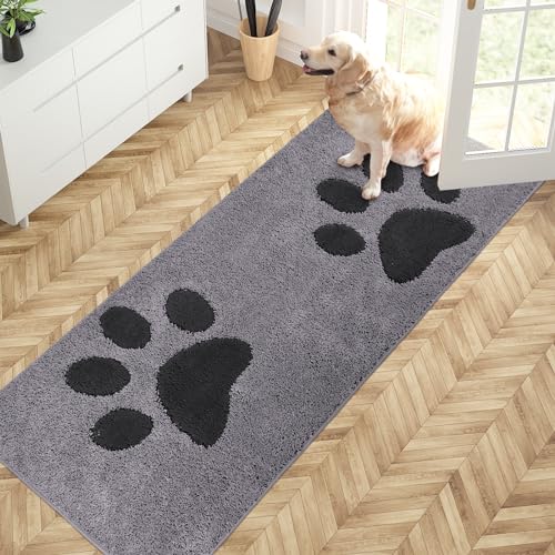 PURRUGS Dirt Trapping Door Mat 32" x 70", Non-Skid/Slip Machine Washable Microfiber Entryway Rug, Dog Doormat, Super Absorbent Welcome Mat for Muddy Wet Shoes and Paws, Grey - color: Grey, size: 32" X 70"
