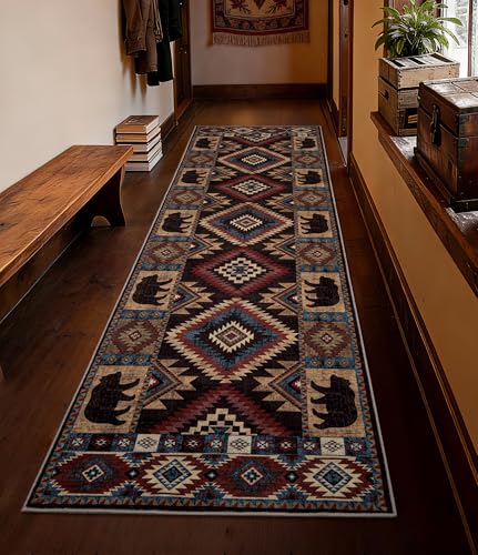 Western Runner Rug 2'8"x8' - Rustic Cabin Washable Rug, Non-Slip Low Pile Soft Carpet, Lodge Geometric Print Floor Runner Rugs for Hallway, Entryway, Bedroom, Kitchen, Laundry - color: Bear, size: 2'8"x8'(Runner)