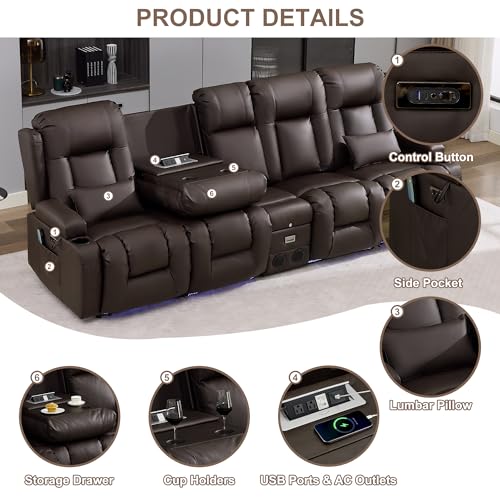 TUNYI Power Loveseat Recliner Sofa with Massage & Heat Home Theater Seating with Console RV Recliner Loveseat Sofa with USB/Storage/Side Pocket/LED Light/Speaker (Brown) - color: Brown, size: 4 Seat with console