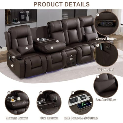 TUNYI Power Loveseat Recliner Sofa with Massage & Heat Home Theater Seating with Console RV Recliner Loveseat Sofa with USB/Storage/Side Pocket/LED Light/Speaker (Brown) - color: Brown, size: 4 Seat with console