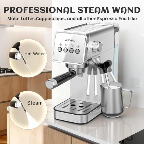 AYCHIRO 20 Bar Espresso Machine, Professional Espresso Machine with Milk Frother, Compact Espresso Maker for Cappuccino and Latte, Removable Water Tank and Drip Tray - color: SS-Silver