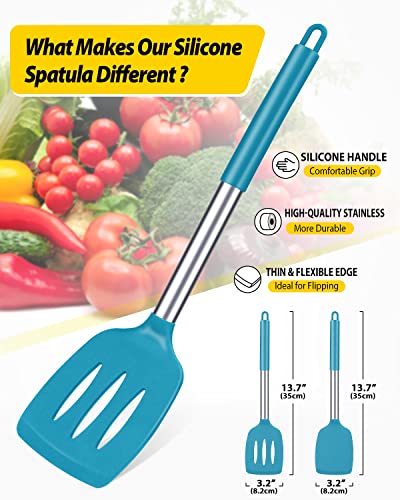 Pack of 2 Silicone Solid Turner, Non Stick Slotted Kitchen Spatulas, High Heat Resistant BPA Free Cooking Utensils, Ideal Cookware for Fish, Eggs, Pancakes(Blue) - color: Blue
