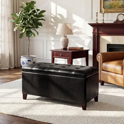 Joveco Storage Ottoman Bench, 33 Inches Faux Leather Rectangle Tufted Foot Stool for End Foot of Bed, Bedroom, Living Room, Black - color: Rectangular Black