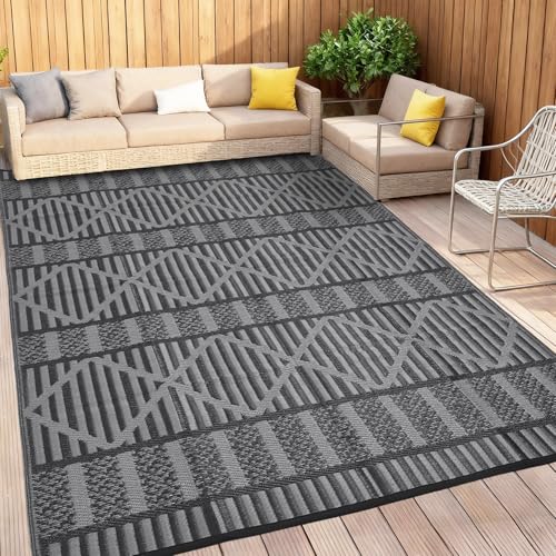 Waterproof Outdoor Rug 8x10, Modern Striped Geometric Reversible Plastic Straw Patio Camping Rugs, Outdoor Indoor RV Mat Carpet for Patio, Backyard, Deck, Bench, Picnic, Camper，Black/Grey - color: Striped - Black/Grey, size: 8' x 10' (Rectangular)